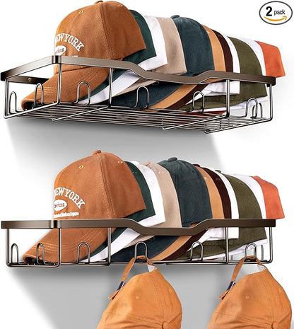 KEETDY Metal Hat Racks for Wall Baseball Cap Organizer Fit 48 Caps Holder, 2 Packs Sturdy Wall Mounted Hat Storage Organizer, Brown