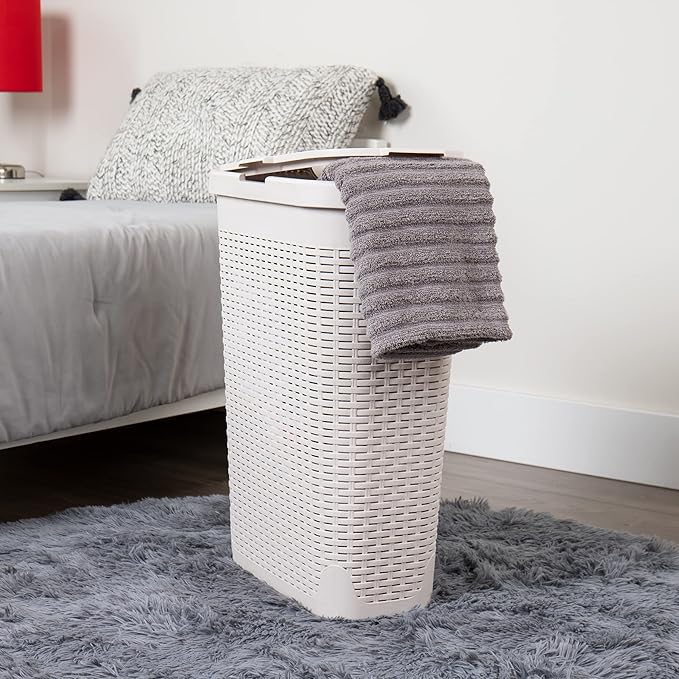 Mind Reader Slim Laundry Hamper with Lid, 40L Clothes Basket, Narrow Tapered Design with Ventilated Cutout Pattern, Plastic, Set of 2, Ivory