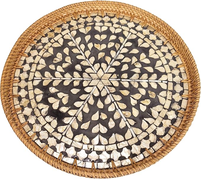 16" Rattan & Mother of Pearl Lazy Susan with Artisan Inlay - Round Black Rotating Turntable - Modern Server for Spices, Condiments & Holiday Hosting