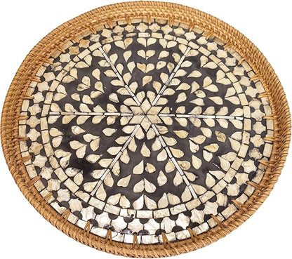 16" Rattan & Mother of Pearl Lazy Susan with Artisan Inlay - Round Black Rotating Turntable - Modern Server for Spices, Condiments & Holiday Hosting