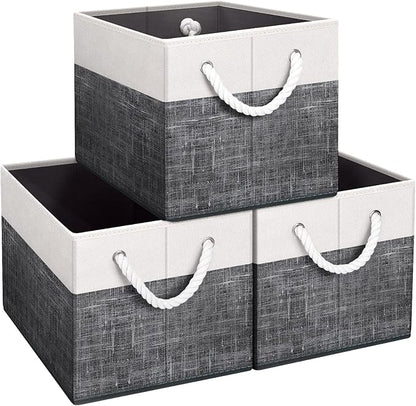 Fab totes Storage Bins 3-Pack, Foldable Storage Baskets for Organizing Toys, Books, Shelves, Closet, Large Storage Box with Rope Handles, Sturdy Organizer Bins, White & Black