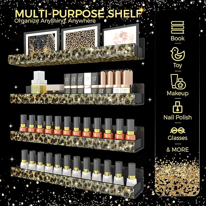 Nail Polish Wall Shelf -15 Inch Acrylic Black with Bling Leopard Print Sparkling Crystal Rhinestone, Essential Oil Organizer, Sunglasses Picture Display, Nail Polish Rack for Bedroom, Studio 4 Pack