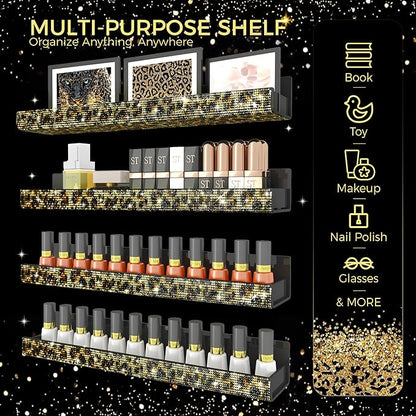 Nail Polish Wall Shelf -15 Inch Acrylic Black with Bling Leopard Print Sparkling Crystal Rhinestone, Essential Oil Organizer, Sunglasses Picture Display, Nail Polish Rack for Bedroom, Studio 4 Pack