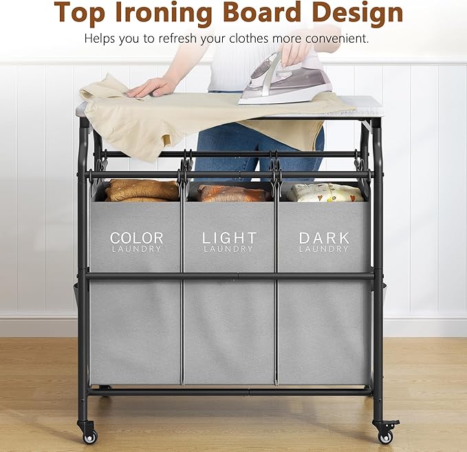Hoctieon 3 Section Laundry Sorter Cart with Ironing Board, Laundry Hamper with Shelf and Rolling Wheels, Heavy Duty Laundry Basket Organizer, Large Clothes Separator Hamper with Removable Bags, Gray