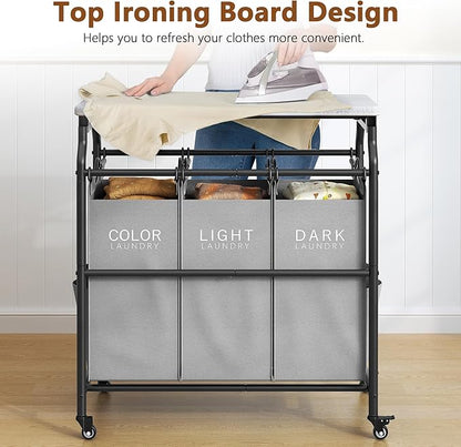 Hoctieon 3 Section Laundry Sorter Cart with Ironing Board, Laundry Hamper with Shelf and Rolling Wheels, Heavy Duty Laundry Basket Organizer, Large Clothes Separator Hamper with Removable Bags, Gray