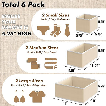 Simple Houseware Underwear Drawer Organizer for Lingerie/Undergarment/Bra/Panty/Sock/Onesie, Set of 6, Beige