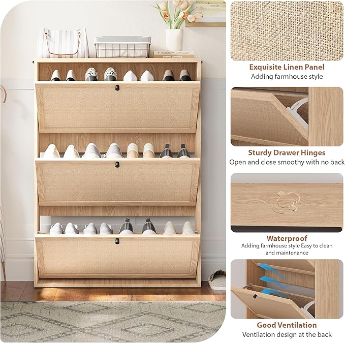 AVZEAR Narrow Shoe Storage Cabinet for Entryway with Natural Linen Panel, Freestanding Slim Shoe Cabinet with 3 Flip Drawers, Wood Shoe Organizer Closed Shoe Rack for Hallway, Living Room(Natural)