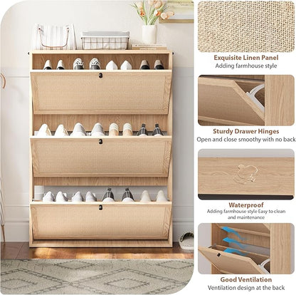 AVZEAR Narrow Shoe Storage Cabinet for Entryway with Natural Linen Panel, Freestanding Slim Shoe Cabinet with 3 Flip Drawers, Wood Shoe Organizer Closed Shoe Rack for Hallway, Living Room(Natural)