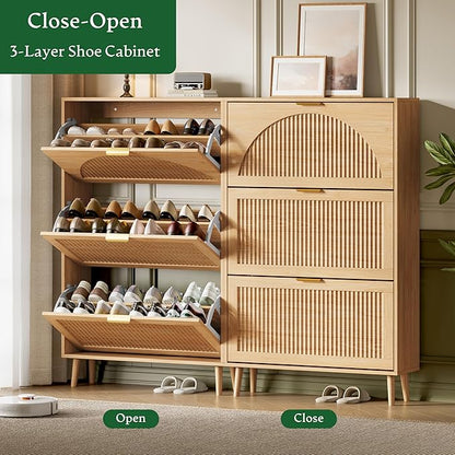 Xixini Shoe Storage Cabinet with 3 Flip Drawers, 50" Tall Narrow Wood Fluted Shoe Organizer for Entryway, Freestanding Wooden Hidden Slim Shoe Rack for Front Door Entrance, Hallway, Foyer, Natural Oak