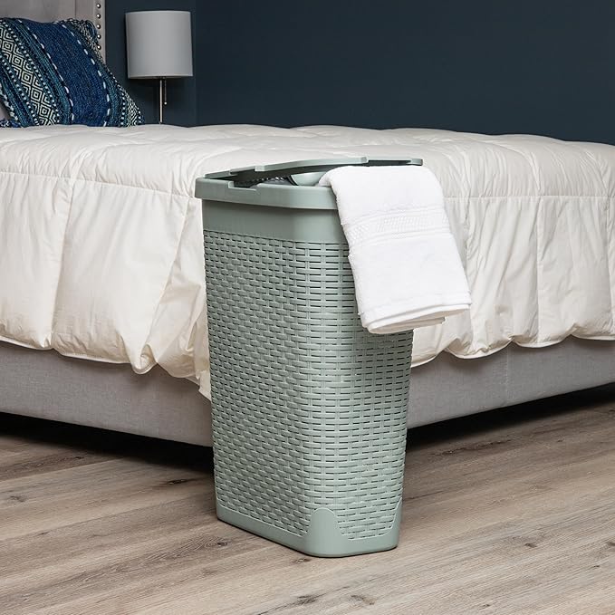 Mind Reader Slim Laundry Hamper with Lid, 40L Clothes Basket, Narrow Tapered Design with Ventilated Cutout Pattern, Plastic, Mint