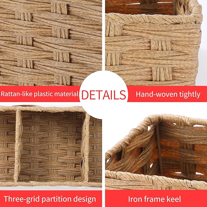 Toilet Tank Topper Paper Basket Multiuse Hand Woven Plastic Wicker Basket Bins with Divider for Shelves Rustic Farmhouse Bathroom Decor Countertop Light yellow