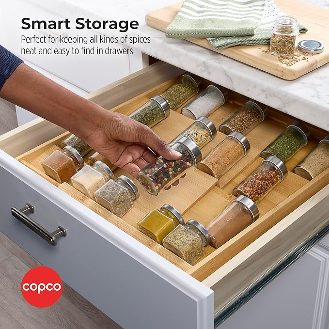 Copco 4 Tier Expandable Bamboo Spice Organizer for Drawers, Adjustable from 12.2 inch to 23 Inch, In Drawer Rack for Kitchen, Holds 32 Jars, Durable & Eco-Friendly Spice Storage Solution