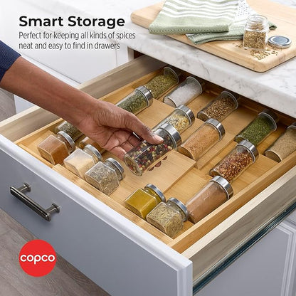 Copco 4 Tier Expandable Bamboo Spice Organizer for Drawers, Adjustable from 12.2 inch to 23 Inch, In Drawer Rack for Kitchen, Holds 32 Jars, Durable & Eco-Friendly Spice Storage Solution