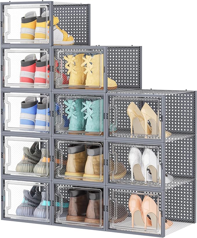 HOMIDEC Shoe Storage, 12 Pack Shoe Organizer for Closet, Shoe Boxes Clear Plastic Stackable Shoe Containers with Lids for Size 13