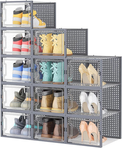 HOMIDEC Shoe Storage, 12 Pack Shoe Organizer for Closet, Shoe Boxes Clear Plastic Stackable Shoe Containers with Lids for Size 13