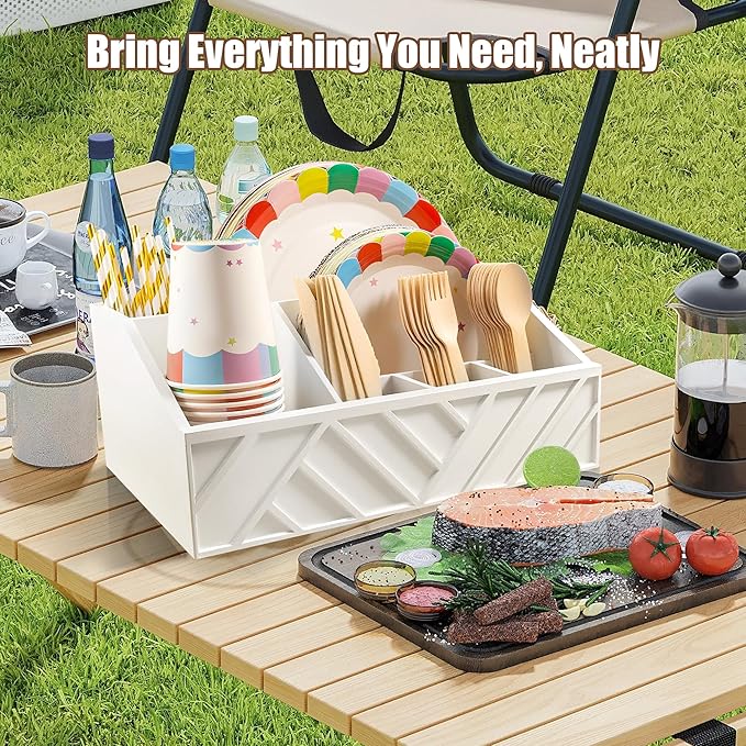Paper Plate Dispenser with 6 Compartments – Wooden Utensil & Silverware Caddy Holder for Party, BBQ, Camping – Disposable Cutlery Organizer for Kitchen Countertop or Buffet Station, White