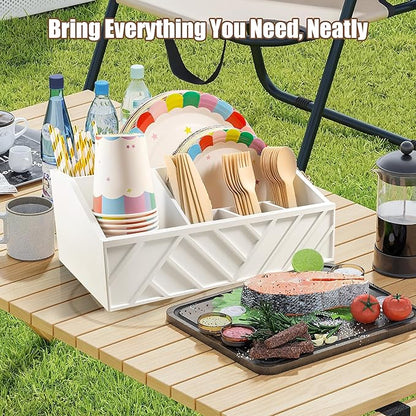 Paper Plate Dispenser with 6 Compartments – Wooden Utensil & Silverware Caddy Holder for Party, BBQ, Camping – Disposable Cutlery Organizer for Kitchen Countertop or Buffet Station, White
