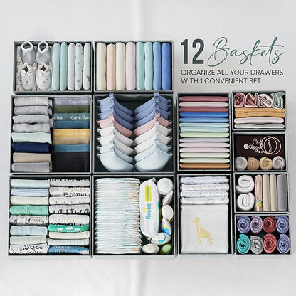 Drawer Organizer Clothes Set of 12 Grey - Dresser Organizer For Nursery, Bedroom, Closet - The Perfect Baby Clothes Organizer and Storage & General Nursery Organization or Dresser Drawer Organizers