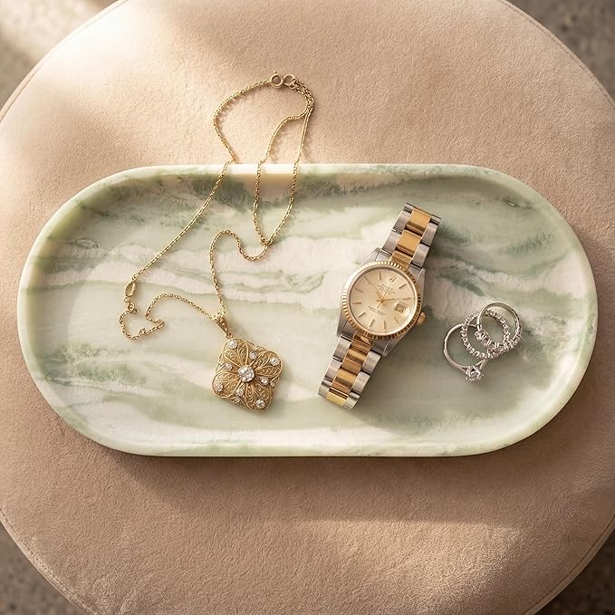 YKAJO Oval Real Marble Tray for Bathroom Kitchen Counter Stone Decorative Vanity Tray for Dresser Perfume Heavy Catchall Organizer for Soap Jewelry (Botanical Green, 11.8" x 5.9")