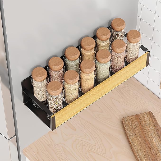 Vetacsion 4 Pack Moveable Fridge Magnetic Spice Racks,Metal (Bamboo)