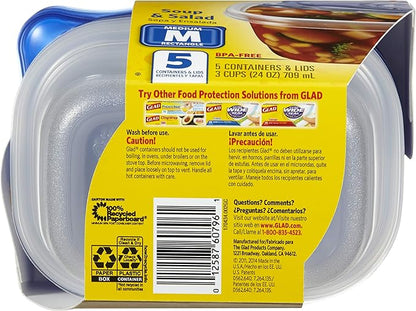 Glad GladWare Medium Rectangle Food Storage Containers with Lids, BPA Free Plastic for Soups Salads and Meal Prep, Airtight Leak Resistant, Microwave Dishwasher Freezer Safe, 24 Oz, 5 Count