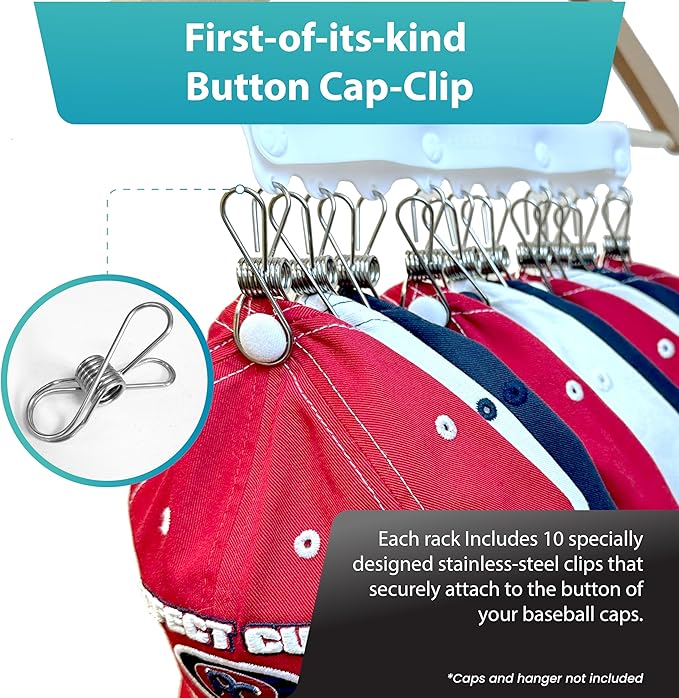 Perfect Curve Baseball Cap Hanger - Store 10 Caps with Button Clips, Silicone & Metal Construction, White, 1-Pack