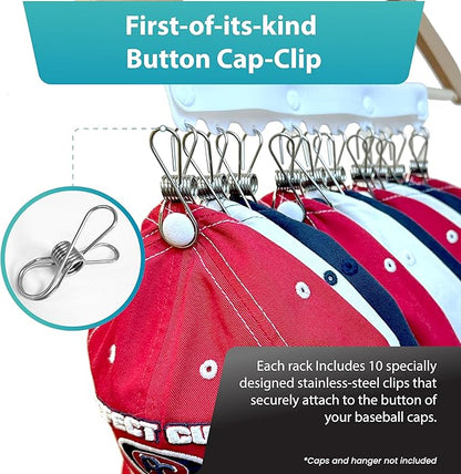 Perfect Curve Baseball Cap Hanger Hat Rack - Store 20 Caps with Clips, Silicone & Metal, White, 2-Pack