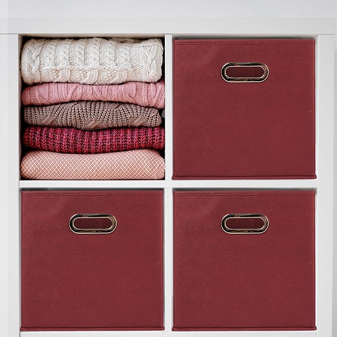 Household Essentials Foldable Fabric Storage Cubes 6-Pack – 11x11x11 Stackable Non-Woven Bins with Chipboard Sides & Grommet Handles – Closet, Shelf, Nursery, or Office Organizer – Burgundy