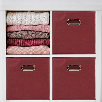 Household Essentials Foldable Fabric Storage Cubes 6-Pack – 11x11x11 Stackable Non-Woven Bins with Chipboard Sides & Grommet Handles – Closet, Shelf, Nursery, or Office Organizer – Burgundy