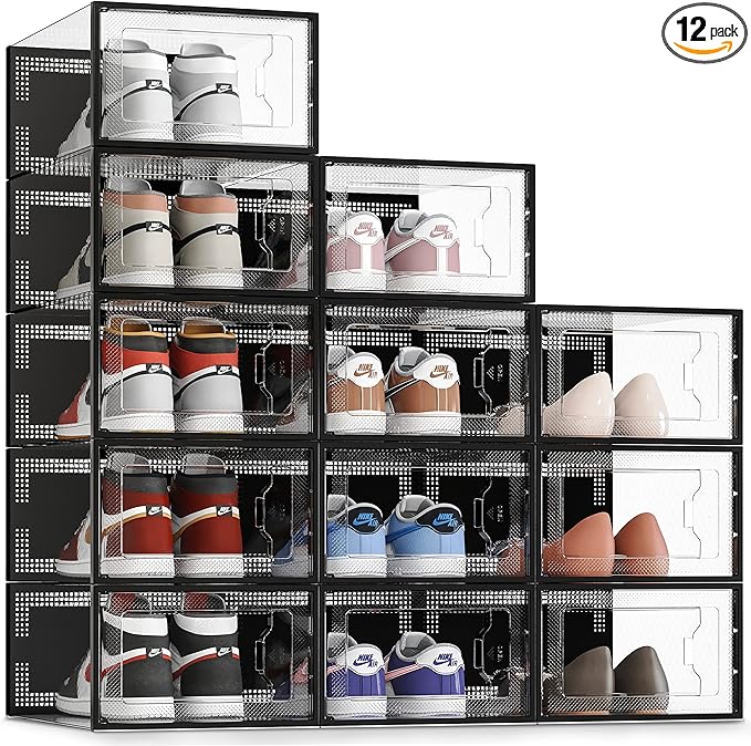 SEE SRPING XX-Large Shoe Storage Box Fit Size 14, Clear Plastic Stackable Shoe Organizer for Closet, Shoe Rack Sneaker Containers Bins Holders, Drawer Organize Unit, 12 Pack Black