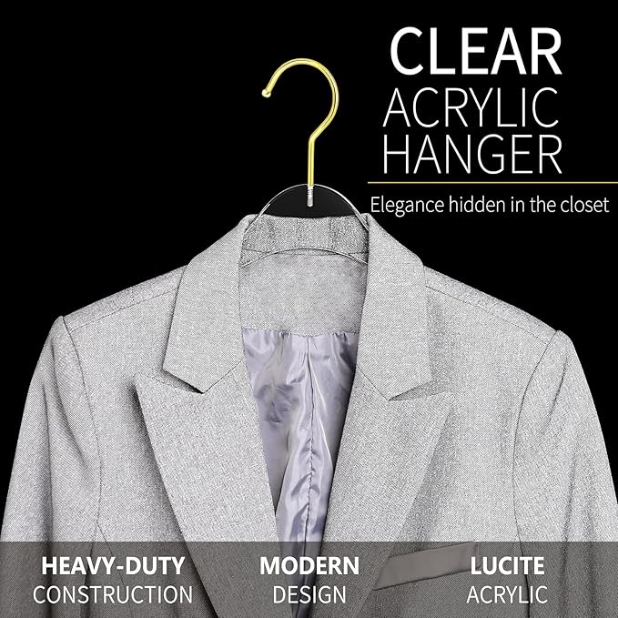 15 Pack Premium Quality Clear Acrylic Clothes Hangers - Clear & Gold Finish