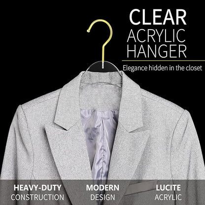 15 Pack Premium Quality Clear Acrylic Clothes Hangers - Clear & Gold Finish