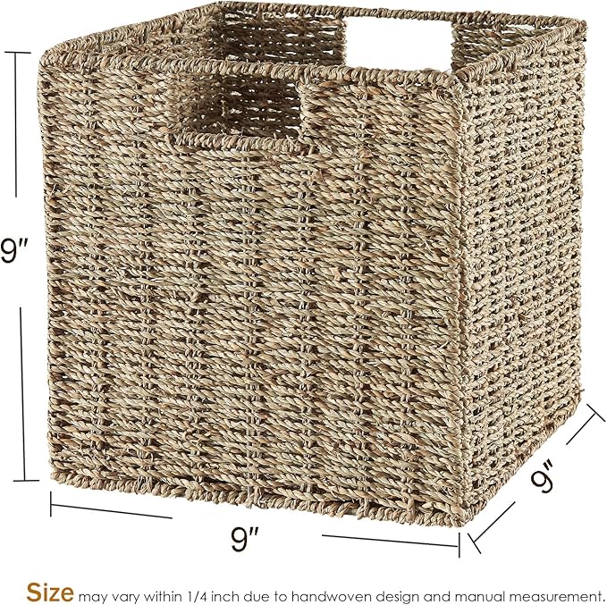 Vagusicc Wicker Storage Basket, Set of 2 Seagrass Storage Baskets, Foldable Wicker Basket 9 Inch Square Cube Storage Bins Storage Baskets for Organizing Shelf Baskets, 9''x9''x9''