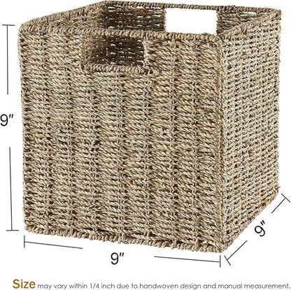 Vagusicc Wicker Storage Basket, Set of 2 Seagrass Storage Baskets, Foldable Wicker Basket 9 Inch Square Cube Storage Bins Storage Baskets for Organizing Shelf Baskets, 9''x9''x9''