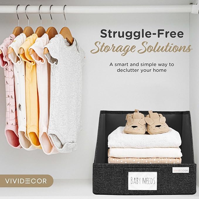 VIVIDECOR Open Front Trapezoid Closet Bins 12x12x10 – Closet Shelf Organizer for Folded Clothes, Easy Access Fabric Storage Baskets – Black, 3 Pack