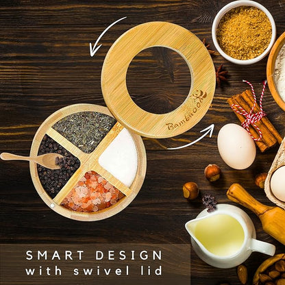 Premium 4 Compartments Salt & Spice Cellar with Spoon - Swivel Magnetic Lid for Convenient Seasoning Access - 100% Natural Bamboo - Elegant and Eco-Friendly Kitchen Accessory.