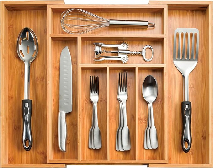 Bambüsi Bamboo Expandable Drawer Organizer for Utensils - Adjustable Cutlery Tray with Dividers for Silverware, Flatware, and Knives in Kitchen, Bedroom, or Living Room Storage Organization