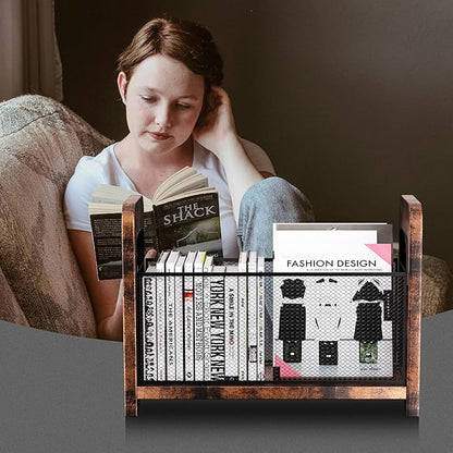 Wood Magazine Holder & Rack - Retro Brown Mesh Storage Basket for Books, Newspapers, Files - Desk/Floor Organizer