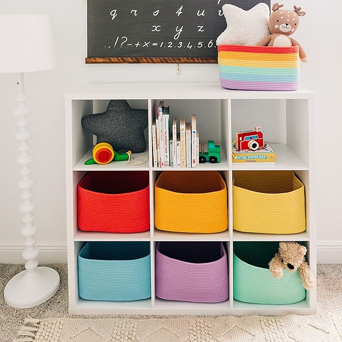 Coral Rainbow Cotton Rope Basket for Shelf Storage - 15"×10"×9½" - Colorful Decorative Basket for Kids - Nursery, Playroom, Classroom - Toy Storage, Books, Towels