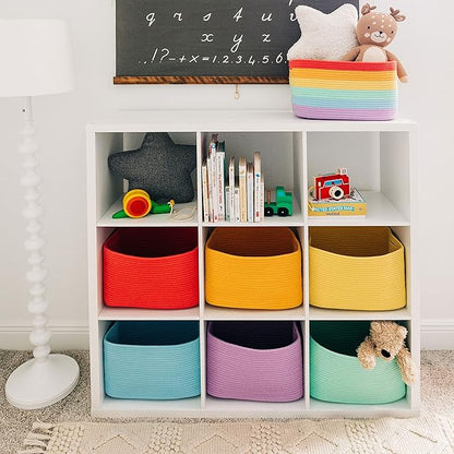 Coral Rainbow Cotton Rope Basket for Shelf Storage - 15"×10"×9½" - Colorful Decorative Basket for Kids - Nursery, Playroom, Classroom - Toy Storage, Books, Towels