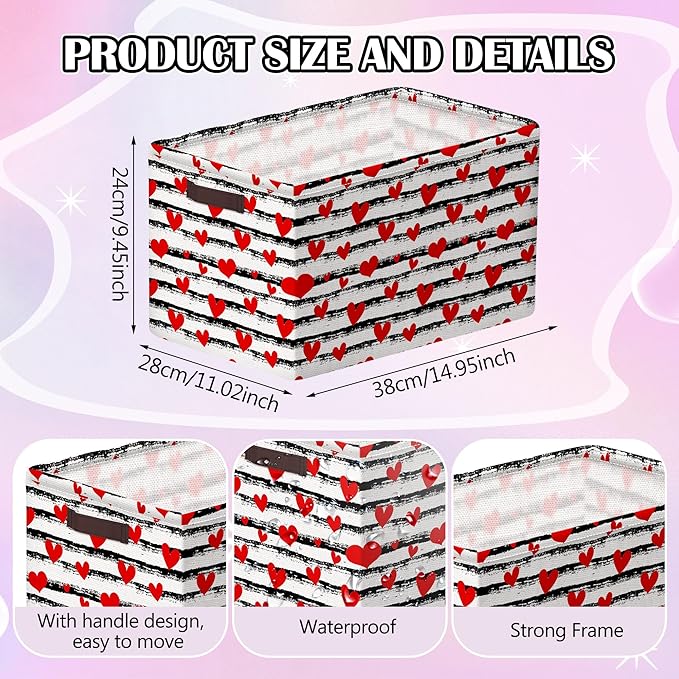 Geelin 3 Pcs Valentines Baskets Storage Valentine's Day Basket for Gifts Collapsible Waterproof Canvas Red White Black Heart Storage Bin Organizer with Handles for Book Closet Shelf Nursery Decor