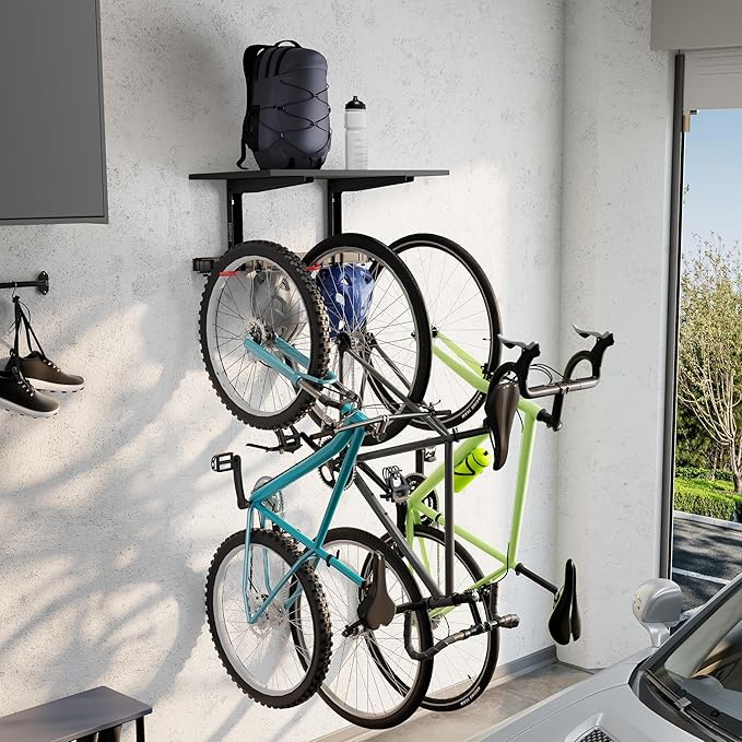 Mount-It! WheelsUp Bike Wall Mount with Shelf | Garage Storage Rack for 3 Bikes & Accessories | Adjustable Padded Hooks, Max Capacity 275 lbs | Ideal Bike Rack Garage Wall Mount for Organized Spaces