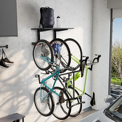 Mount-It! WheelsUp Bike Wall Mount with Shelf | Garage Storage Rack for 3 Bikes & Accessories | Adjustable Padded Hooks, Max Capacity 275 lbs | Ideal Bike Rack Garage Wall Mount for Organized Spaces