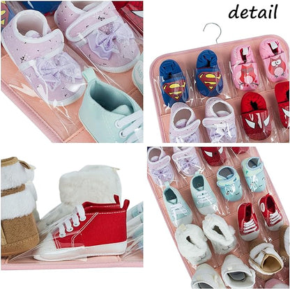 PACMAXI Over The Door Shoes Organizer for 12 Pairs of Baby Shoes Boys Girl, Hanging Baby Sole Shoe Organizer with Hanger(Felt Material-Pink)