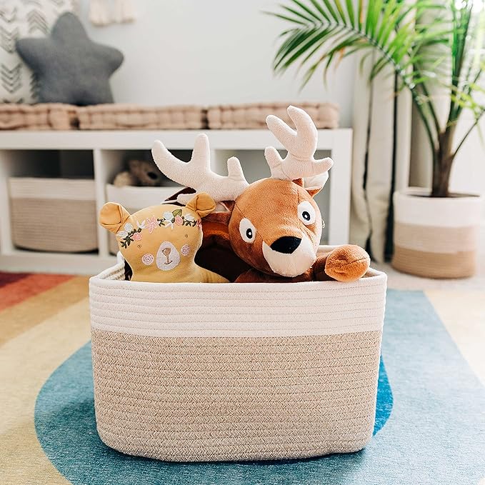 Light Honey Cotton Rope Basket for Shelf Storage - 15"×10"×9½" - Woven Decorative Basket for Organizing - Closet, Nursery, Bedroom - Toys, Books, Towels, Clothes