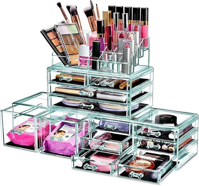 Sorbus Large Makeup Organizer - Clear Stackable Jewelry & Makeup Organizer For Vanity, Bathroom Storage, Dresser - 12 Drawers Cosmetic Beauty Organizers and Storage with Lipstick, Makeup Brush Holder