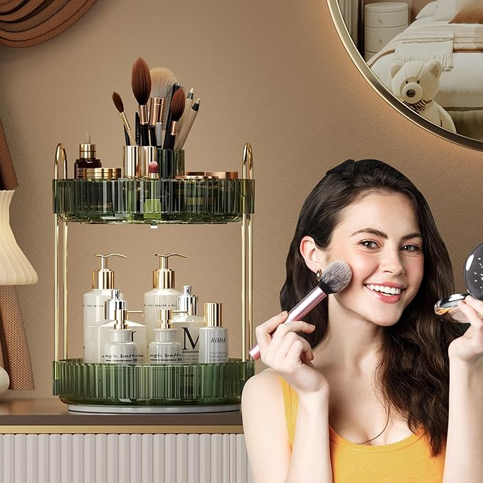 YCIA&DONE Rotating Makeup Organizer for Vanity, Large Capacity Make Up Storage Skin Care Shelf Perfume Holders Cosmetic Dresser Organizer Countertop Spinning 360 (Vintage Green, 2Tiers)