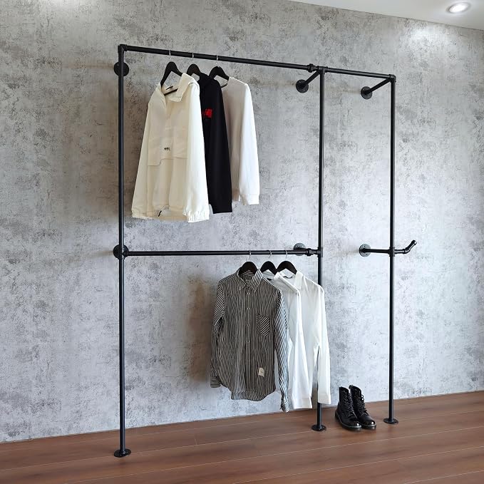 Black Industrial Pipe Clothing Rack 62.5" W Wall Mounted, Heavy Duty Iron Garment Rack 150 lbs per Rod, Open Closet Organizer for Bedroom Laundry Room Retail Display