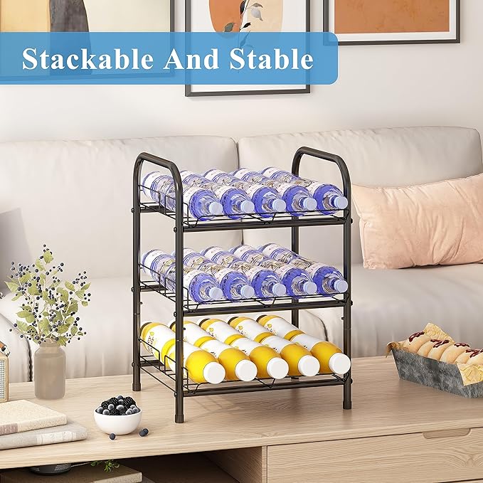 GILLAS 3 5 6 7 8 Tier Water Bottle Storage, Metal Beverage Can Rack,Large Capacity Bottled Rack Water Bottle Holder Stand for Cabinet, Countertop Kitchen, Party, Black