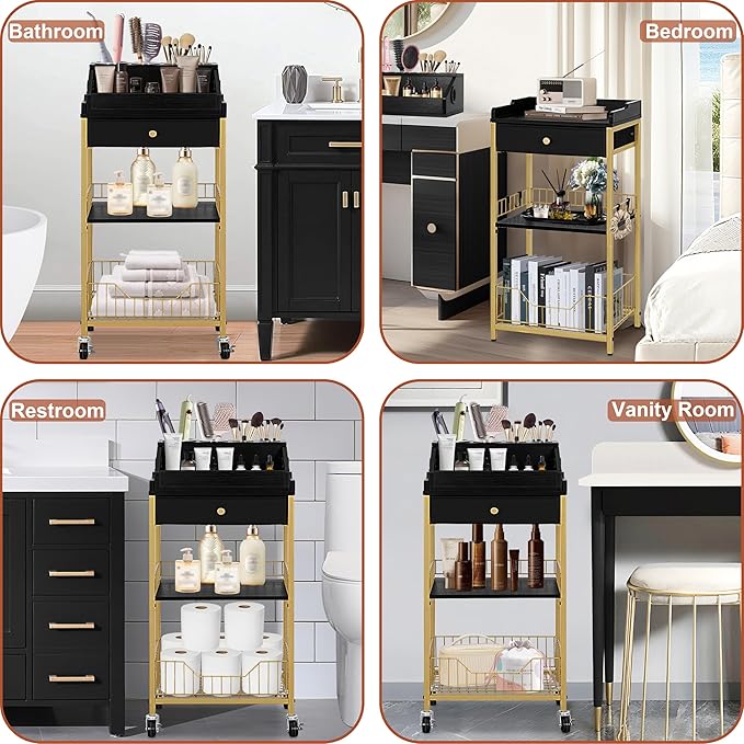 Large Makeup Organizer Cart with Hair Tool Holder, Rolling Makeup Cart with Drawer, 2-in-1 Vanity Organizer Cosmetic Display Cases for Skin Care Perfume Nail Polish Brush Tools, Gold & Black